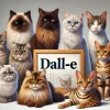 この画像には、さまざまな種類の猫たちが描かれています。中央に「DALL-E」と書かれたフレームが配置されており、その周りにはシアミーズ、ペルシャ、メインクーン、ベンガルなどの猫種が整然と並んでいます。各猫の表情や姿勢が異なり、それぞれの個性が引き立っています。猫たちはリアルな質感で描かれており、毛並みや目の色が細かく再現されています。全体として、異なる猫種が一堂に会した、美しくバランスの取れた構図となっています。