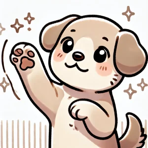 キラキラした背景の中で元気よく前足を上げる子犬のイラスト / Illustration of a cheerful puppy raising its paw with a sparkling background