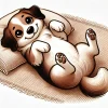 お腹を見せて寝転がるリラックスした表情の子犬のイラスト / Illustration of a relaxed puppy lying on its back, showing its belly