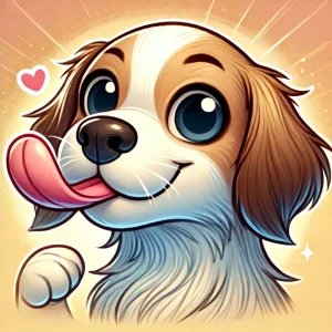 笑顔で鼻を舐めている茶白の子犬のイラスト / Illustration of a brown and white puppy smiling while licking its nose
