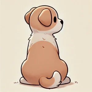 背中を向けておすわりしている茶白の子犬のイラスト / Illustration of a brown and white puppy sitting with its back turned