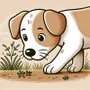 地面の草の匂いを嗅いでいる茶白の子犬のイラスト / Illustration of a brown and white puppy sniffing grass on the ground
