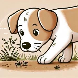 地面の草の匂いを嗅いでいる茶白の子犬のイラスト / Illustration of a brown and white puppy sniffing grass on the ground