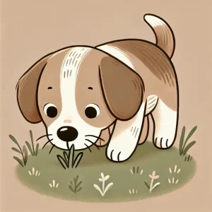 小さな植物の匂いを嗅いでいる茶色い子犬のイラスト / Illustration of a brown puppy sniffing a small plant on the ground