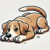 前足を伸ばして伏せの姿勢をとる警戒気味の子犬のイラスト / Illustration of a cautious puppy lying down with front legs extended
