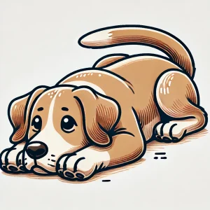 前足を伸ばして伏せの姿勢をとる警戒気味の子犬のイラスト / Illustration of a cautious puppy lying down with front legs extended