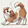 しっぽを上げながら背中を丸めて遊びのポーズをとる犬のイラスト / Illustration of a dog arching its back playfully with its tail raised
