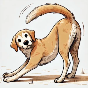 前足を伸ばし、背中をしならせてこちらを見つめる犬のイラスト / Illustration of a dog stretching its front legs and arching its back while looking back