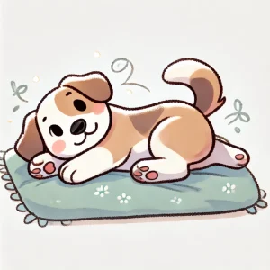 クッションの上で体をひねって横になっている笑顔の子犬のイラスト / Illustration of a smiling puppy rolling onto its side on a cushion