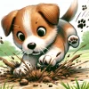前足で夢中になって地面を掘る子犬のイラスト / Illustration of a puppy eagerly digging the ground with its paws