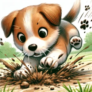 前足で夢中になって地面を掘る子犬のイラスト / Illustration of a puppy eagerly digging the ground with its paws