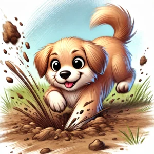 土を勢いよく飛ばしながら地面を掘っている元気な子犬のイラスト / Illustration of an energetic puppy digging the ground with dirt flying around