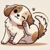 後ろ足で耳をかいている茶白の子犬のかわいらしいイラスト / Cute illustration of a brown and white puppy scratching its ear with a hind leg