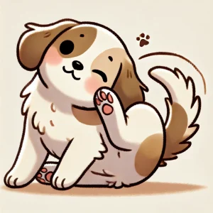 後ろ足で耳をかいている茶白の子犬のかわいらしいイラスト / Cute illustration of a brown and white puppy scratching its ear with a hind leg