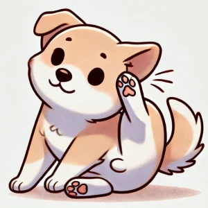 耳を後ろ足でかいているシンプルで愛らしい子犬のイラスト / Simple and charming illustration of a puppy scratching its ear with a hind leg