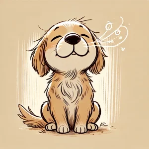 鼻を鳴らして満足げな表情を浮かべるフサフサの犬のイラスト / Illustration of a fluffy dog snorting with a content expression