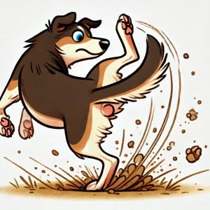 勢いよく後ろ足で地面を蹴っている黒い犬のコミカルなイラスト / Comical illustration of a black dog kicking back the ground with hind legs energetically