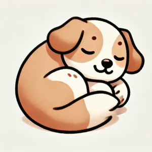 穏やかな表情で体を丸めて眠っている茶白の子犬のかわいいイラスト / Cute illustration of a brown and white puppy curled up and sleeping peacefully