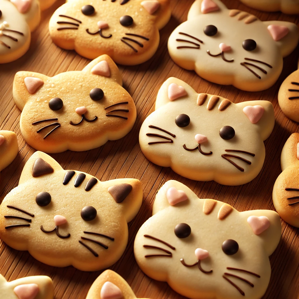 茶色とアイボリーの猫型クッキーが木製テーブルに整列した愛らしい光景 Adorable brown and ivory cat-shaped cookies neatly arranged on a wooden table