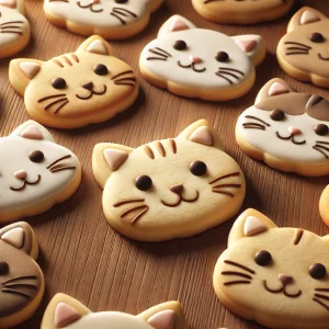 様々な表情の猫型クッキーが並ぶ、ほんのり焼き色のついた手作り風デザイン A variety of cat-shaped cookies with gentle browning and handmade charm arranged together