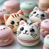 パステルカラーの猫の顔マカロンが並ぶ、ふんわりキュートなお菓子の世界 A collection of pastel-colored cat face macarons creating a soft and adorable dessert scene