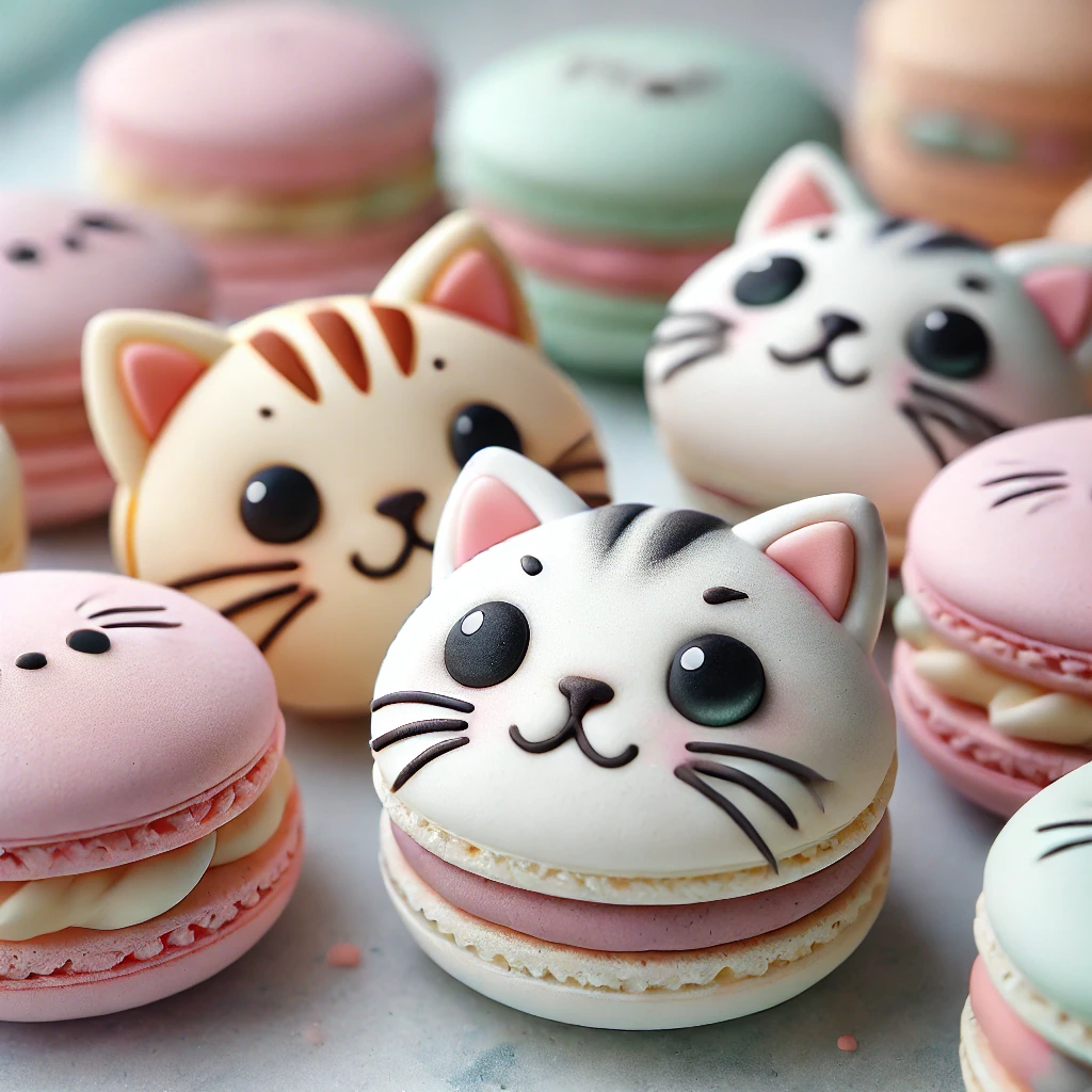 パステルカラーの猫の顔マカロンが並ぶ、ふんわりキュートなお菓子の世界 A collection of pastel-colored cat face macarons creating a soft and adorable dessert scene