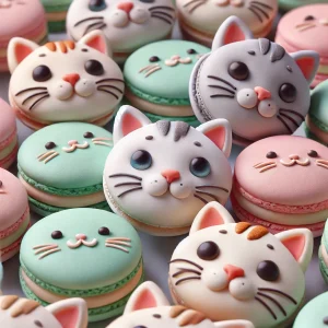 表情豊かな猫の顔マカロンが色とりどりに詰め合わされたにぎやかな並び A lively assortment of colorful cat face macarons with expressive details arranged closely together
