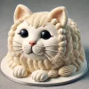 ふわふわの毛並みをクリームで表現した猫型ケーキ、まん丸な目が印象的 Cat-shaped cake with fluffy cream-textured fur and striking round eyes