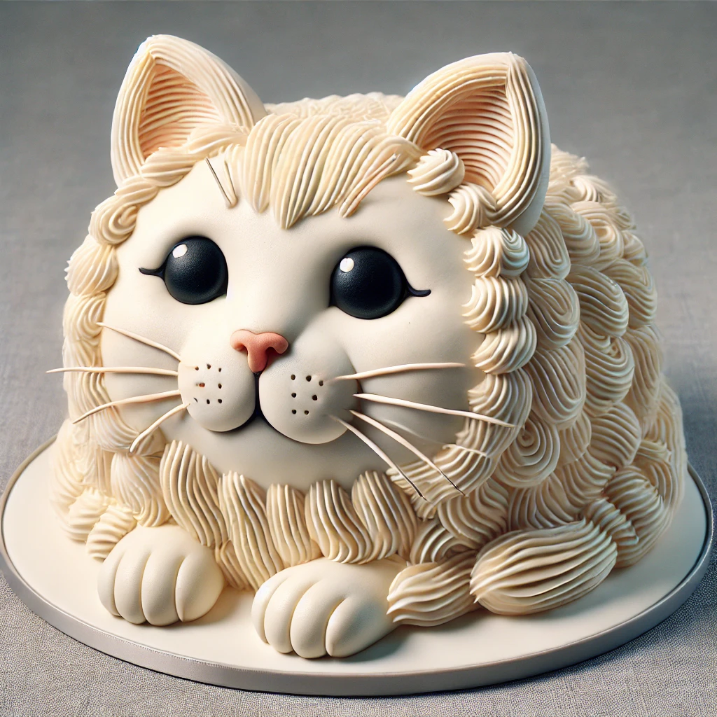 ふわふわの毛並みをクリームで表現した猫型ケーキ、まん丸な目が印象的 Cat-shaped cake with fluffy cream-textured fur and striking round eyes