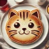 にっこり笑う猫の顔が描かれたパンケーキ、朝食テーブルに並ぶ可愛らしい一品 A smiling cat face pancake served on a breakfast table as a charming and delightful dish