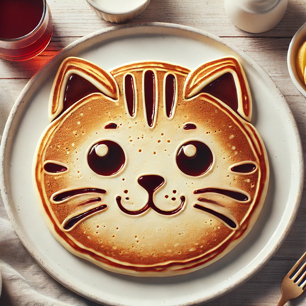 にっこり笑う猫の顔が描かれたパンケーキ、朝食テーブルに並ぶ可愛らしい一品 A smiling cat face pancake served on a breakfast table as a charming and delightful dish