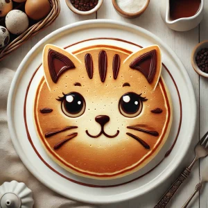 大きな瞳と三角耳が特徴の猫パンケーキ、食卓に彩りを添えるキュートなデザイン A cat pancake with big eyes and pointy ears, bringing a cute touch to the breakfast setting