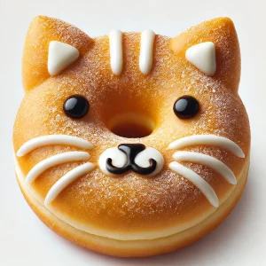 耳とひげがデザインされた猫の顔ドーナツ、ふんわりとした質感と甘い表情が魅力 Cat face donut with ears and whiskers, featuring a soft texture and sweet expression