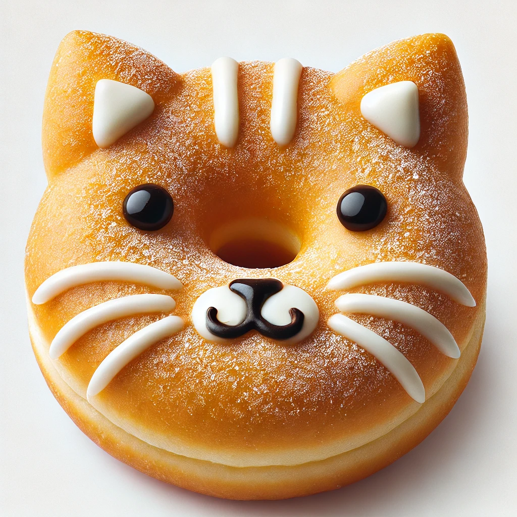 耳とひげがデザインされた猫の顔ドーナツ、ふんわりとした質感と甘い表情が魅力 Cat face donut with ears and whiskers, featuring a soft texture and sweet expression