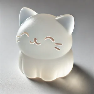 ぷるんとした透明感が美しい猫型ゼリー、にっこり笑う表情が癒しを与える A translucent cat-shaped jelly with a gentle smile, radiating a soothing charm