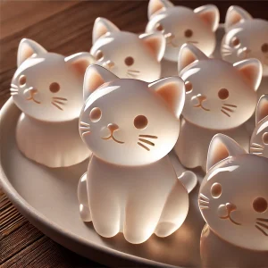 お皿に並んだ複数の猫型ゼリー、愛らしい表情とつややかな質感が印象的 Multiple cat-shaped jellies arranged on a plate, featuring adorable faces and a glossy texture