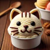 カップに盛られた猫の顔アイスクリーム、チョコレートで作られた表情が愛らしい Cat face ice cream served in a cup, with a charming expression made from chocolate details
