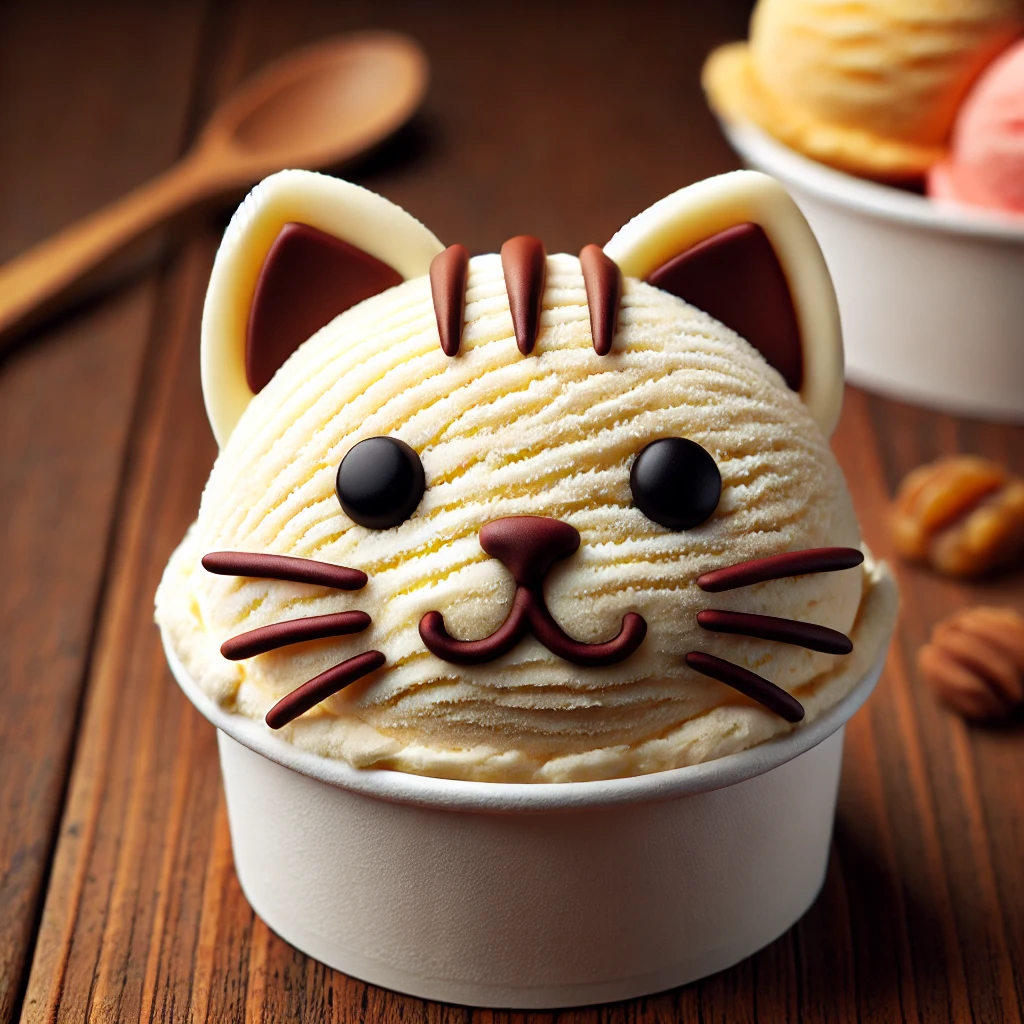 カップに盛られた猫の顔アイスクリーム、チョコレートで作られた表情が愛らしい Cat face ice cream served in a cup, with a charming expression made from chocolate details