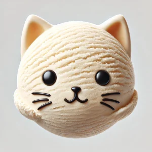 丸く整った猫の顔を模したアイスクリーム、シンプルで可愛らしいデザイン Scoop of ice cream shaped like a cat face, featuring a simple and adorable design