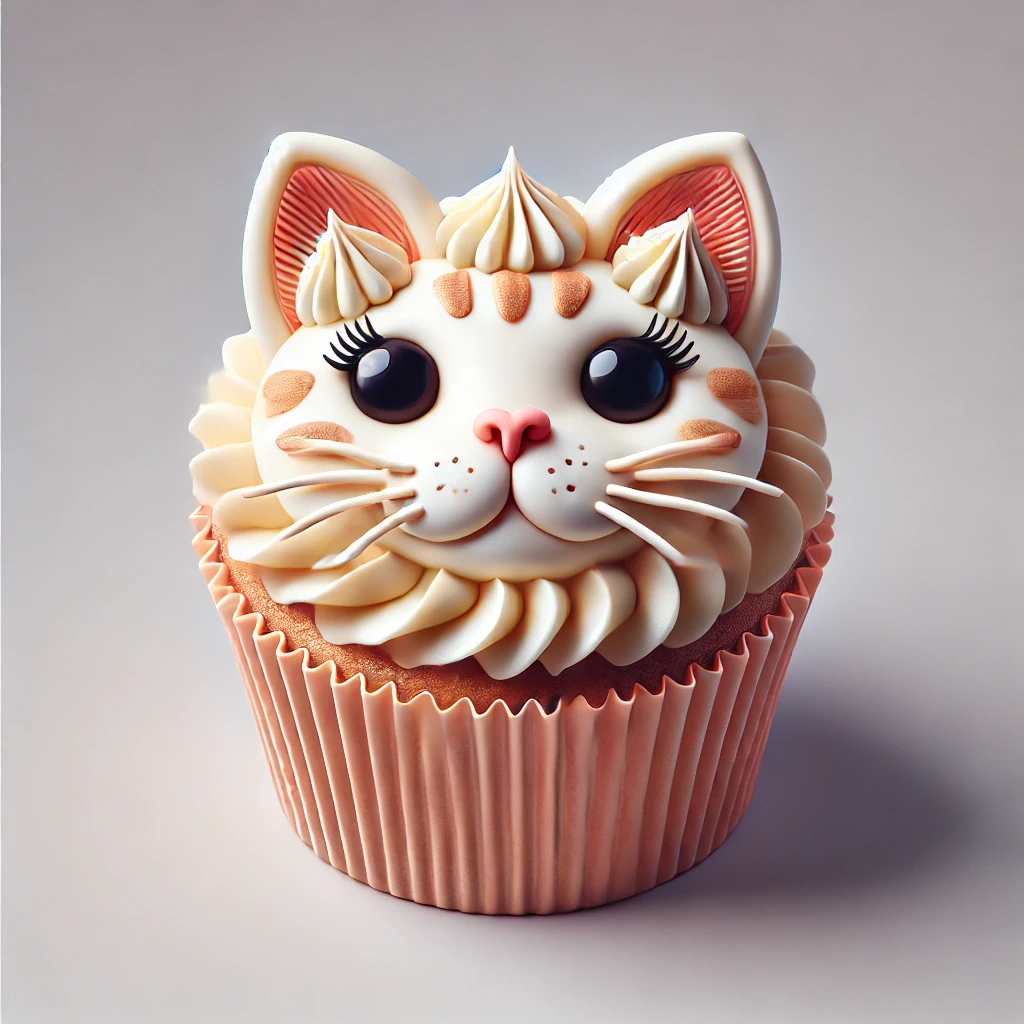 クリームで毛並みを表現した猫の顔カップケーキ、まつげまで再現された精巧なデザイン Cat face cupcake with piped cream fur and detailed features including eyelashes
