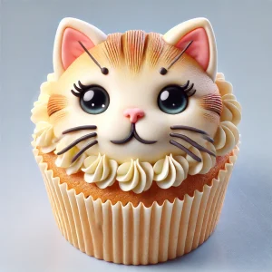 愛らしい表情の猫の顔がトッピングされたカップケーキ、ふんわりとした仕上がり Cupcake topped with a cute cat face, finished with a soft and fluffy texture
