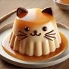 カラメルの艶が美しい猫型プリン、ちょこんとした耳とひげがキュートな印象 Cat-shaped pudding with glossy caramel, featuring cute little ears and whiskers
