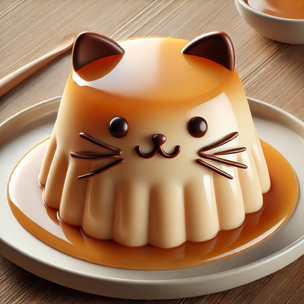 カラメルの艶が美しい猫型プリン、ちょこんとした耳とひげがキュートな印象 Cat-shaped pudding with glossy caramel, featuring cute little ears and whiskers