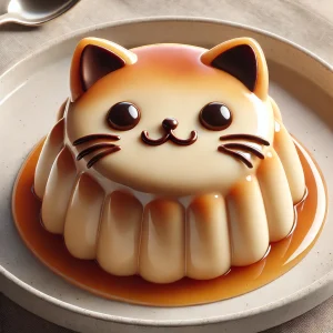 丸みのあるフォルムと大きな瞳が愛らしい猫プリン、ふるふるとした食感が伝わる Adorably round cat pudding with big eyes, capturing a soft and jiggly texture