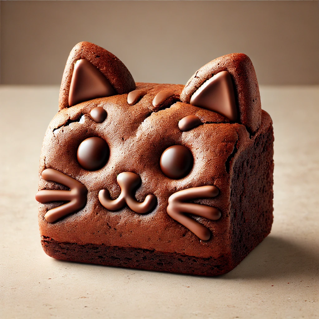 立体的な耳とチョコレートで描かれた表情が魅力の猫型ブラウニー Cat-shaped brownie with three-dimensional ears and a chocolate-drawn face