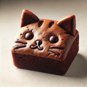 焼き目が香ばしい猫型ブラウニー、つぶらな瞳と口元が愛らしい印象 Cat-shaped brownie with a toasty surface, featuring cute round eyes and a sweet little mouth