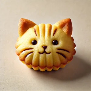 ふんわり焼き上げられた猫の顔マドレーヌ、波型の縁とつぶらな瞳が特徴 Fluffy cat face madeleine with scalloped edges and charming round eyes