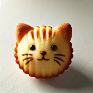 香ばしい焼き色とキュートな表情が映える猫型マドレーヌ、おやつにぴったりの一品 Cat-shaped madeleine with a golden-brown finish and a cute expression, perfect for a snack