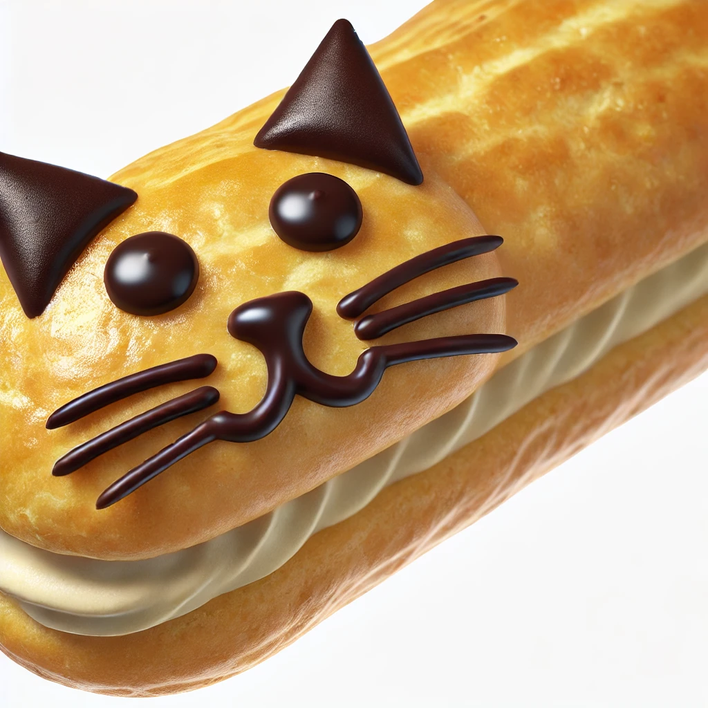 チョコレートで猫の顔が描かれたエクレア、表情が可愛らしく遊び心のある仕上がり Eclair decorated with a cat face made of chocolate, featuring a playful and cute expression