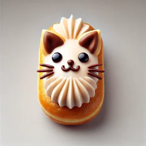 猫の顔が立体的にトッピングされたエクレア、華やかなクリームが印象的 Eclair topped with a three-dimensional cat face and ornate cream details, creating a charming look